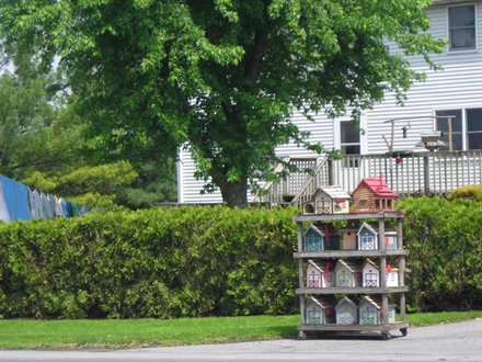 shelves of homemade birdhouses created and for sale along road in lancaster county PA