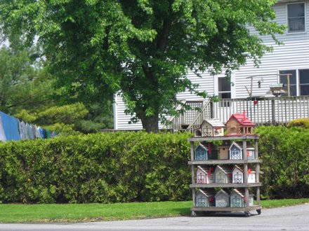 shelves of homemade birdhouses created and for sale along road in lancaster county PA