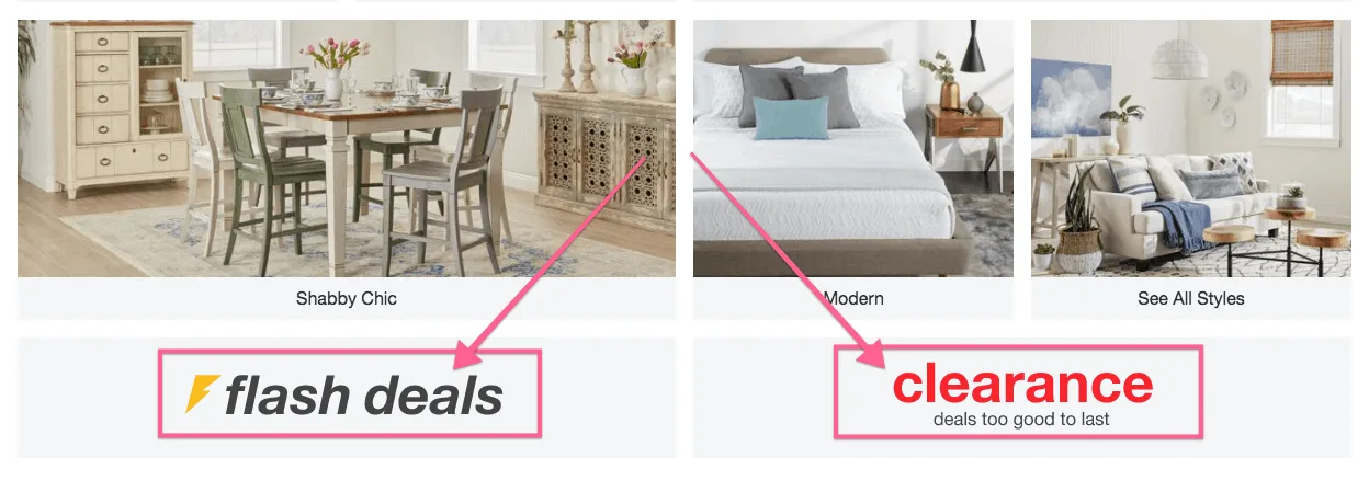 image showing where to find flash deals and clearance sections for cheap furniture online