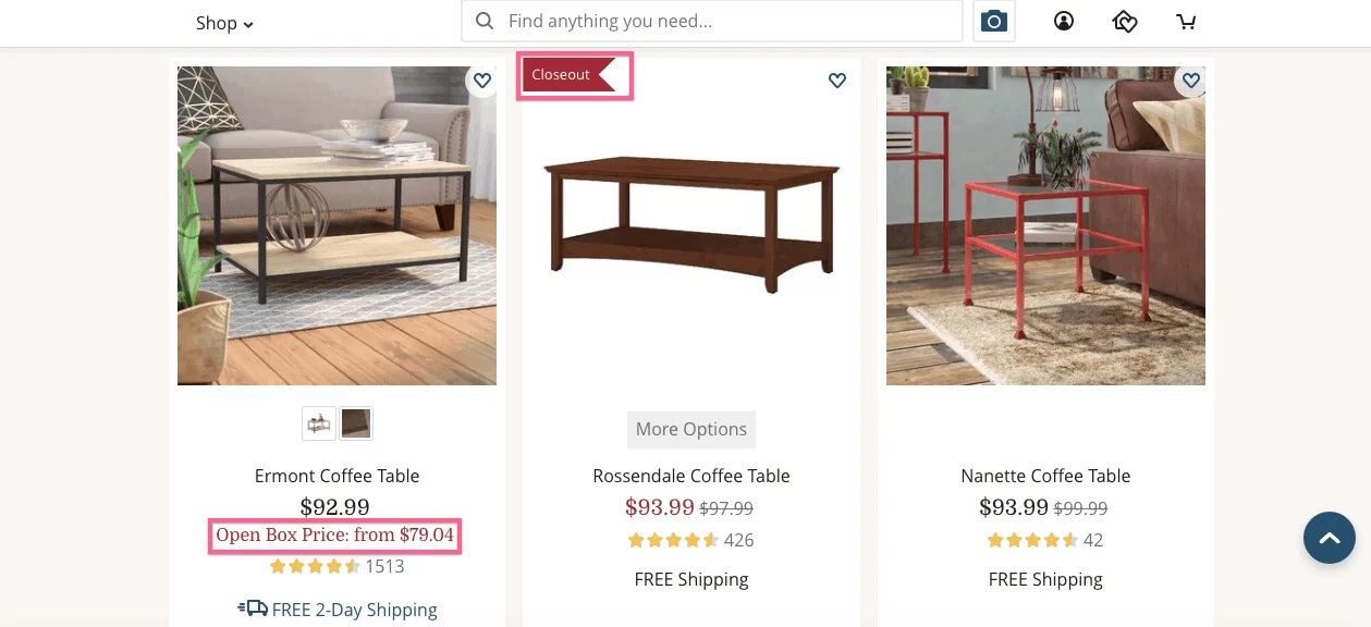 image of birch website showing open box and closeout deals for cheap furniture online