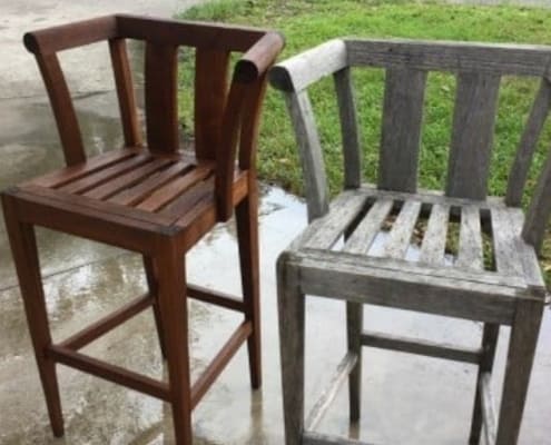 image of two teak chairs, one pressure washed and one not