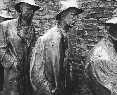 statues of men standing in food line during great depression