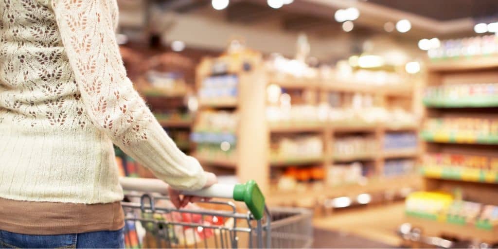 image of woman pushing shopping cart through grocery store