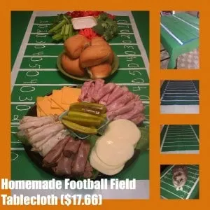 three DIY Superbowl Party trays with veggies, dips, sandwich fixings, on top of a homemade football field cloth