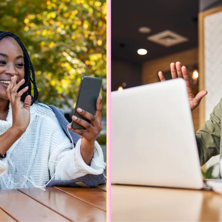 image separated by woman on left waving to boyfriend on phone, and man on right waving into computer