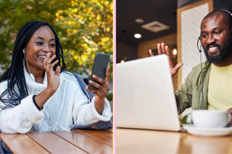 image separated by woman on left waving to boyfriend on phone, and man on right waving into computer