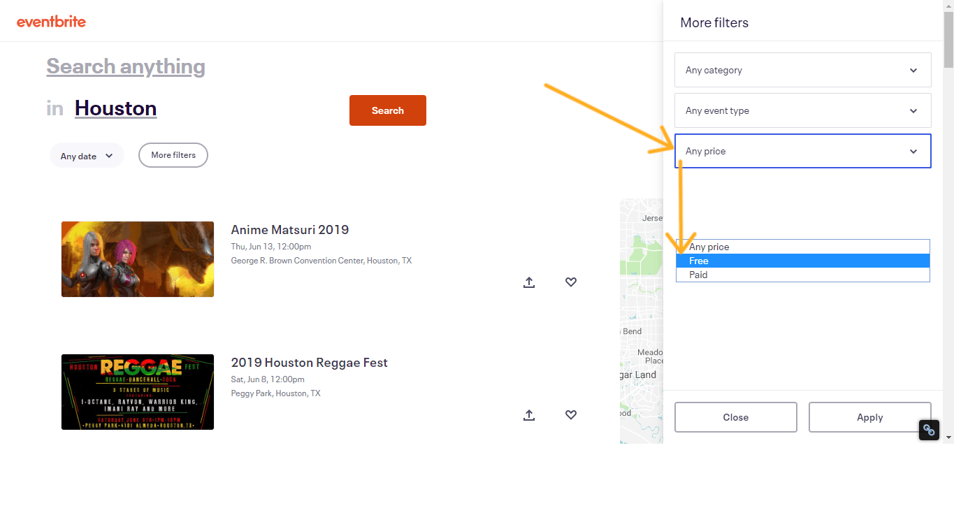 screenshot of eventbrite with arrow pointing to price and then free section