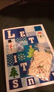 picture of Christmas card with small bag of reindeer food - oats and sprinkles