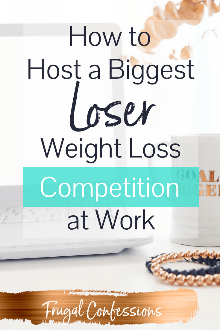 white desktop with goal-digger, coffee mug with text overlay "how to host a biggest loser weight loss competition at work"