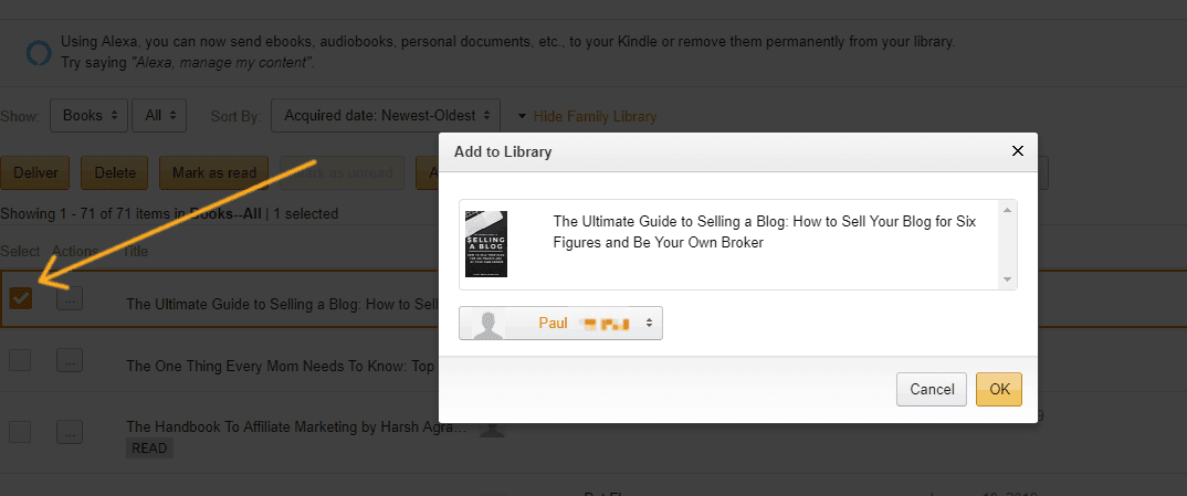 screenshot with arrow pointing to a book, and pop up with my husband's device on it