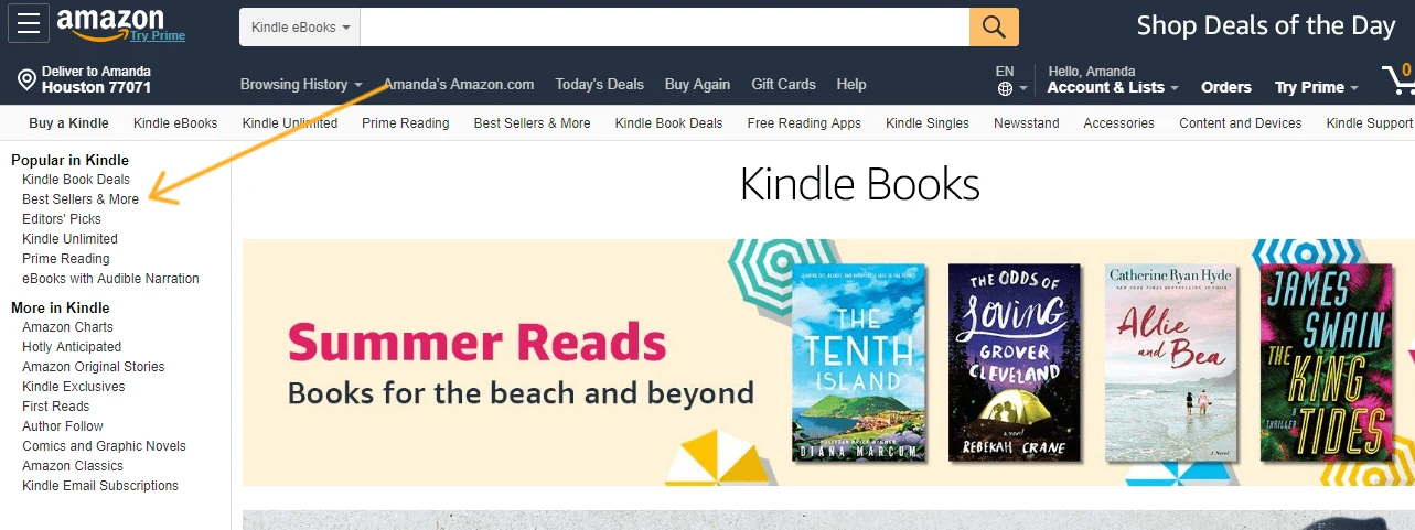 screenshot with arrow pointing to bestsellers list