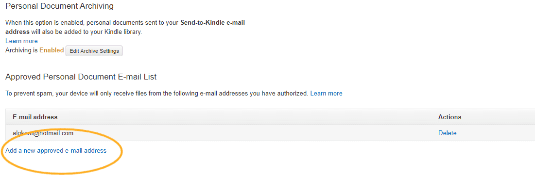 screenshot with circle around where to add approved email address to send ebooks