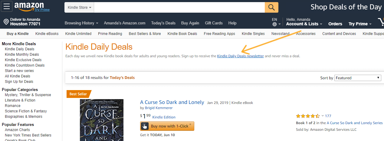 screenshot of where to sign up for kindle amazon daily deals newsletter