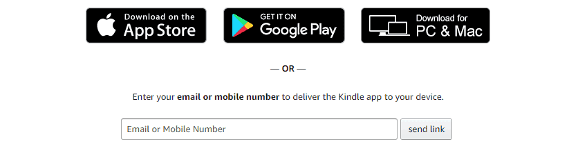screenshot of three choices to download kindle app, or to input your mobile number, on amazon