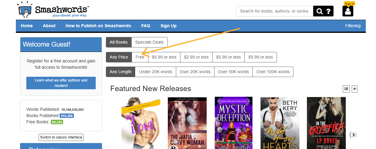 screenshot of smashwords homepage with arrow pointing to free ebooks section