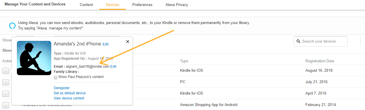 screenshot with arrow pointing to kindle email address