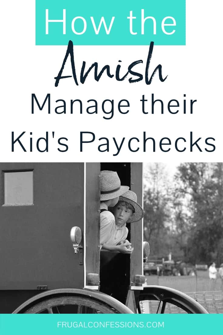 two Amish boys hanging out the back of a horse and buggy, talking, with text overlay "how the amish manage their kid's paychecks"