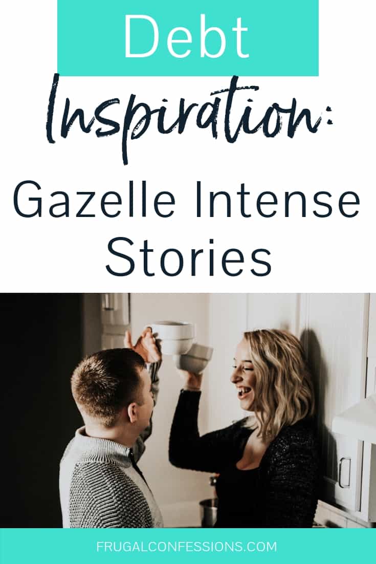 couple in kitchen, woman on counter, toasting each other smiling with text overlay "debt inspiration: gazelle intense stories"