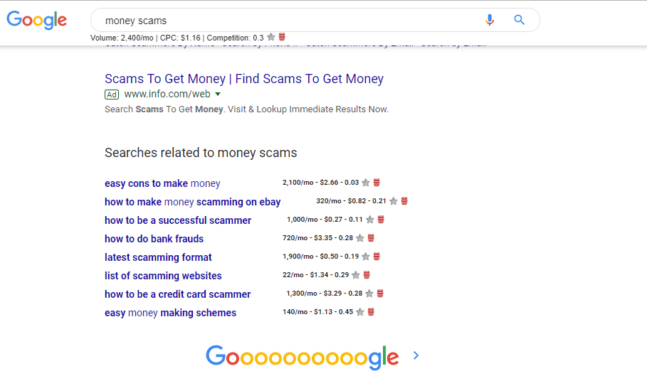 screenshot of google search for money scams, which shows all the scam keywords people search for