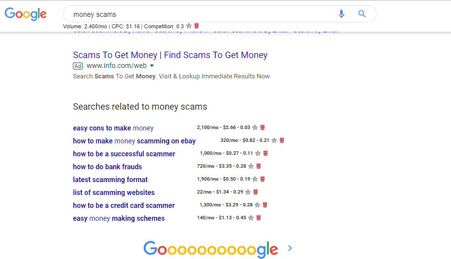 screenshot of google search for money scams, which shows all the scam keywords people search for