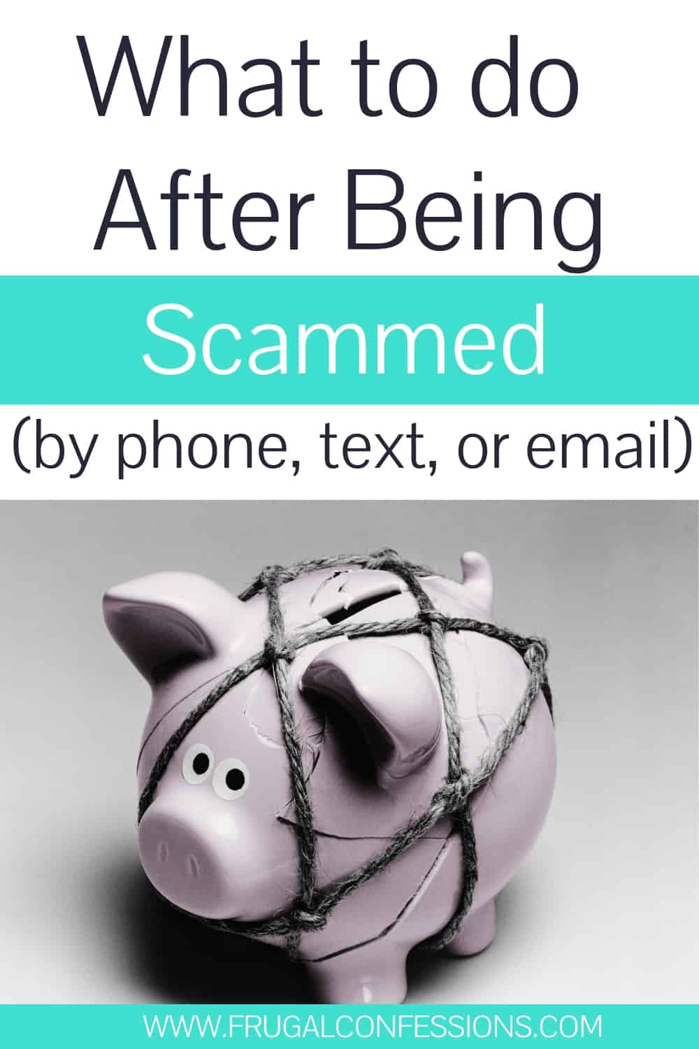 Piggy bank with ropes around it, on white table, text overlay 