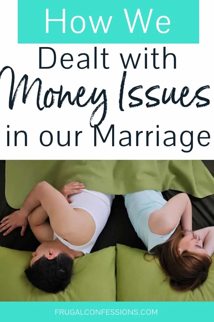couple sleeping with faces opposite each other with text overlay "how we dealt with money issues in our marriage"