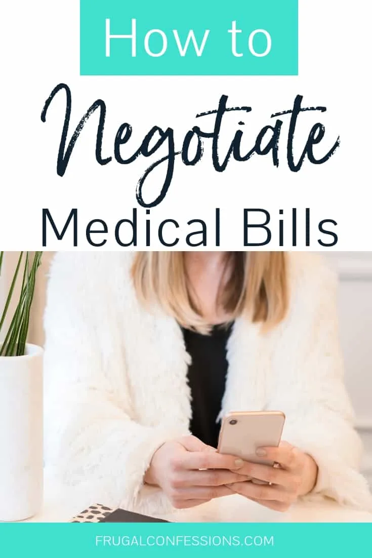 woman on her phone, sitting at desk, with leopard notepad with text overlay "how to negotiate medical bills"