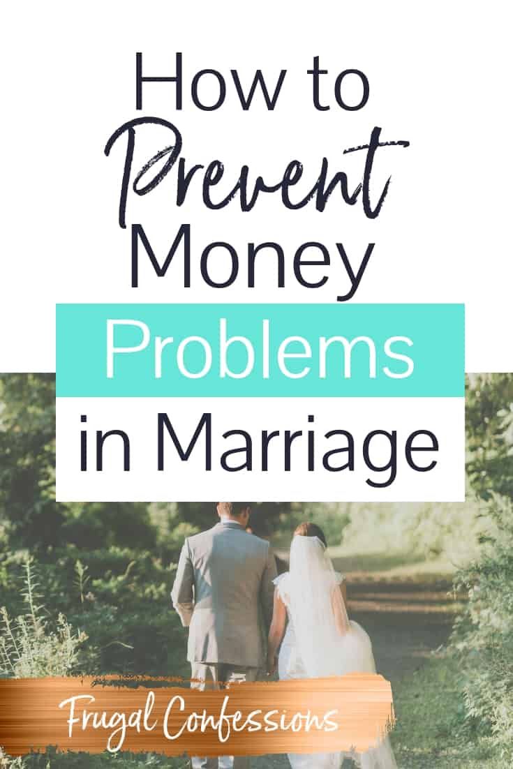 a bride and groom walking in forest with text overlay "how to prevent money problems in marriage"