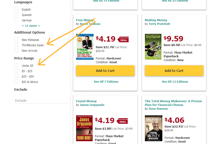 screenshot showing how to find Thrift Book deals