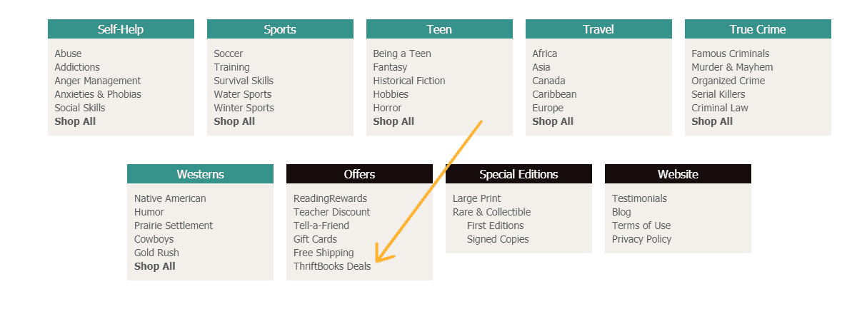 screenshot of thriftbooks categories with arrow pointing to thriftbooks deals section