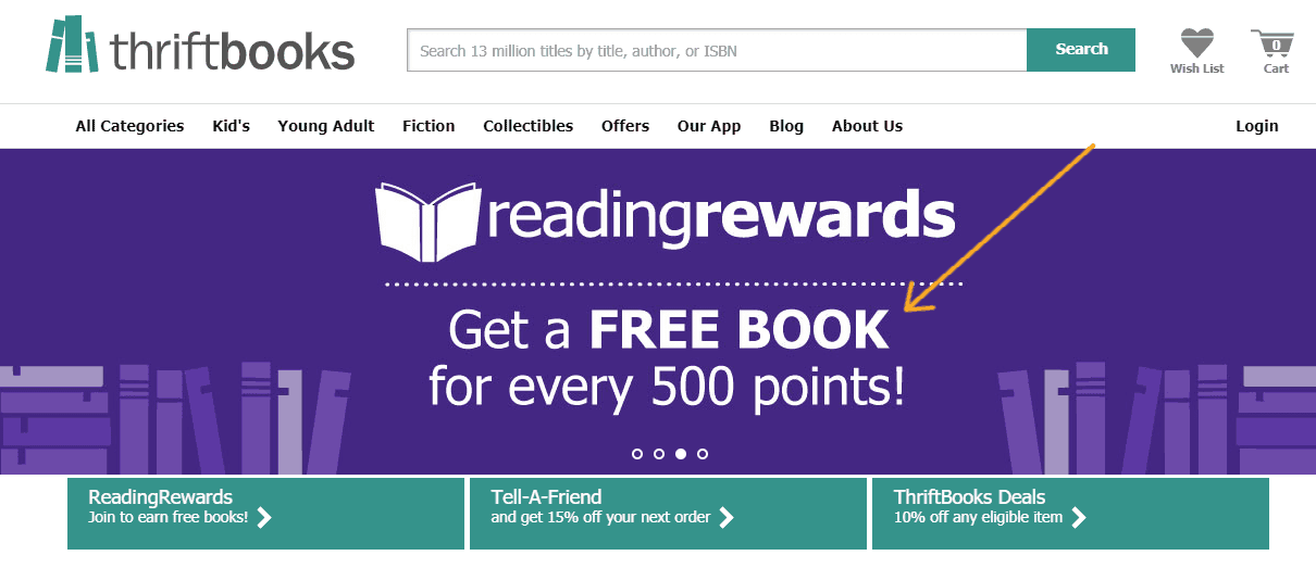 screenshot of Thriftbooks homepage, with arrow pointing to free book deal with 500 points