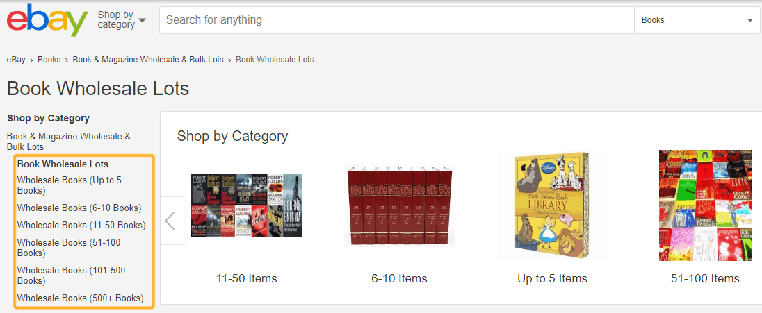 screenshot showing used book lots sales on eBay