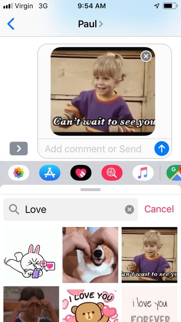 screenshot of gif in text message, ready to be sent