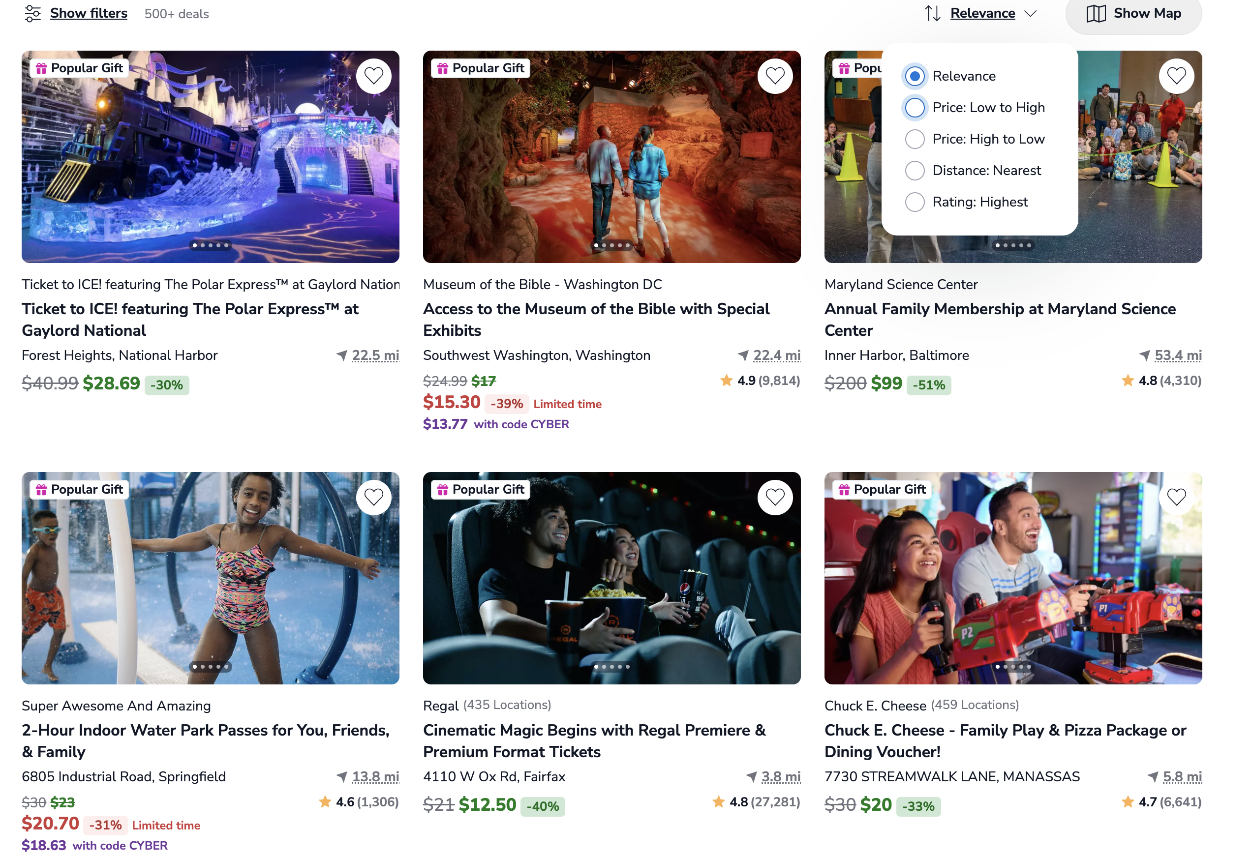 Groupon screen showing lots of discounted experiences near the author, with drop down filter box to choose from