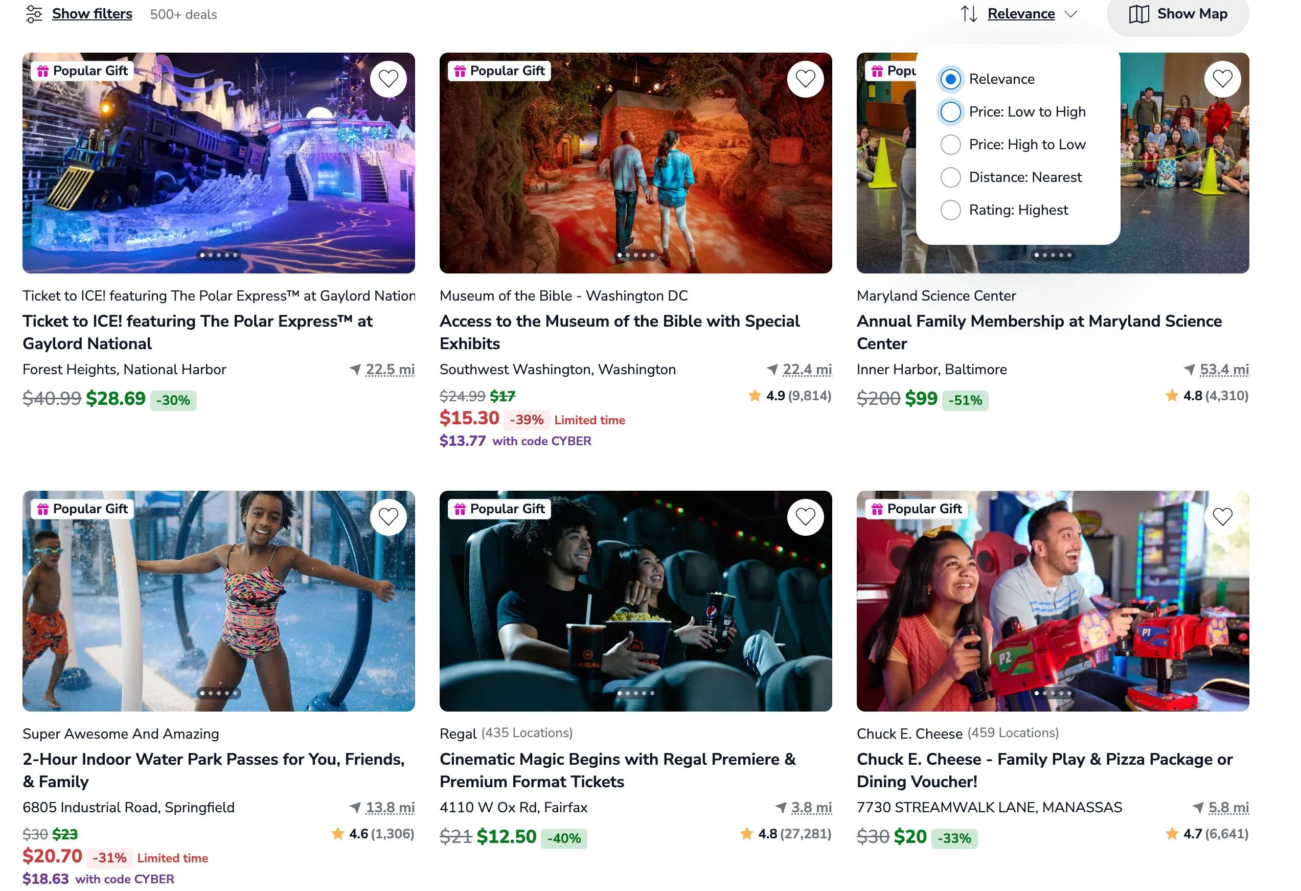 Groupon screen showing lots of discounted experiences near the author, with drop down filter box to choose from