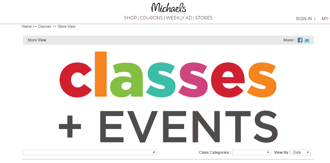 screenshot of Michael's craft store classes and events section
