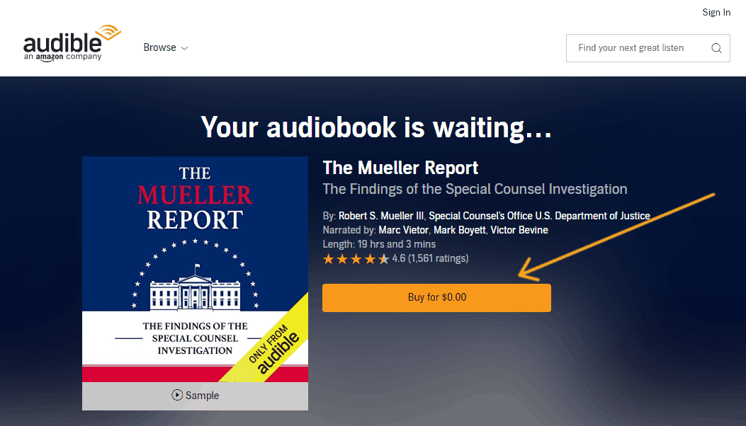 screenshot with arrow pointing to "Buy now" on a free audiobook