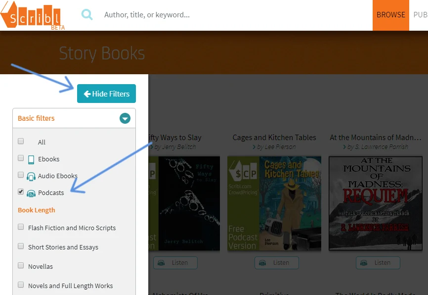 screenshot with arrows pointing to "podcasts" and to click Hide Filter