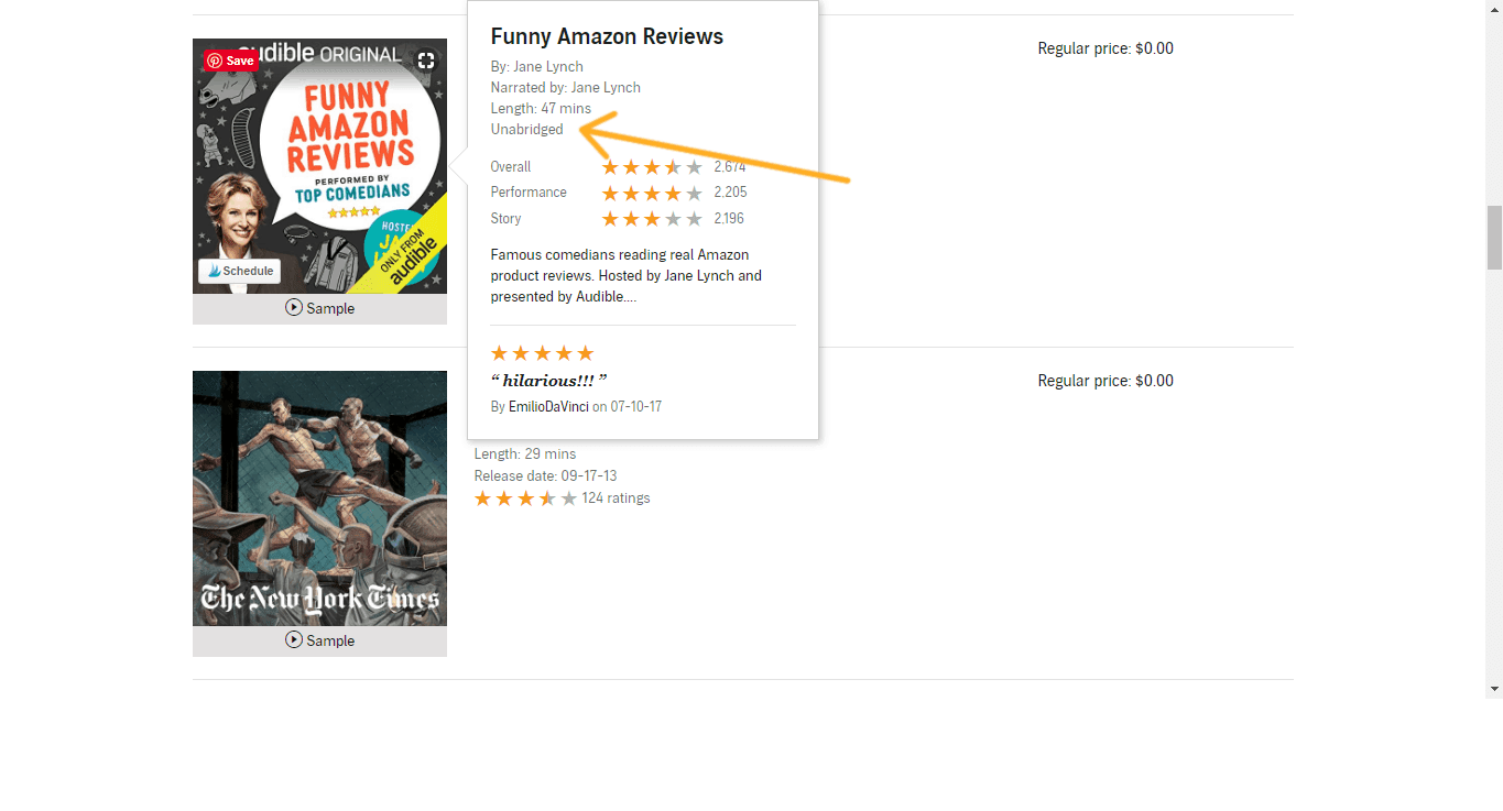 screenshot with arrow pointing to description of a free Audible audiobook saying "unabridged"