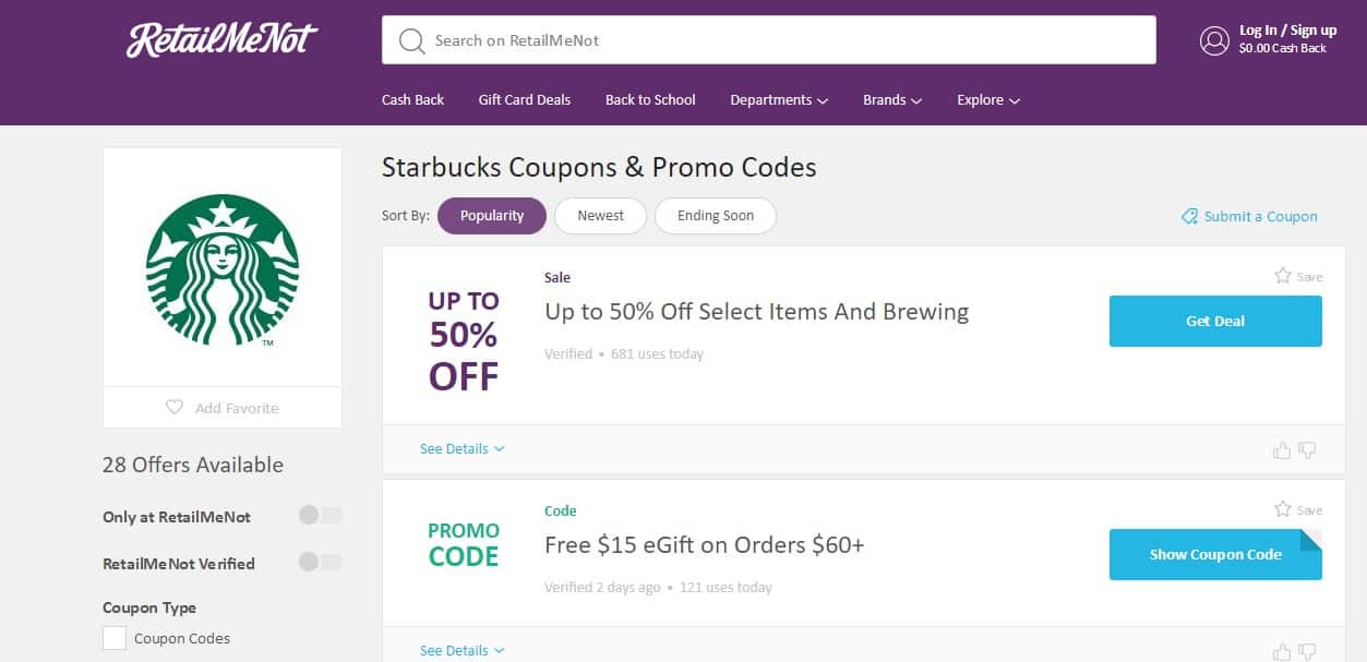 screenshot of retail me not starbucks discount codes