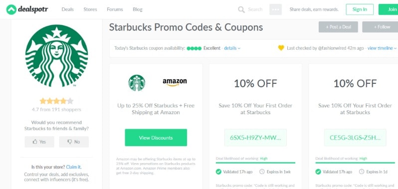 screenshot of dealspotr starbucks promos