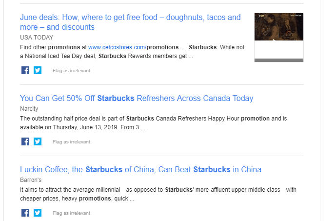 screenshot of three articles on starbucks promos, like June deals and 50% off refreshers today