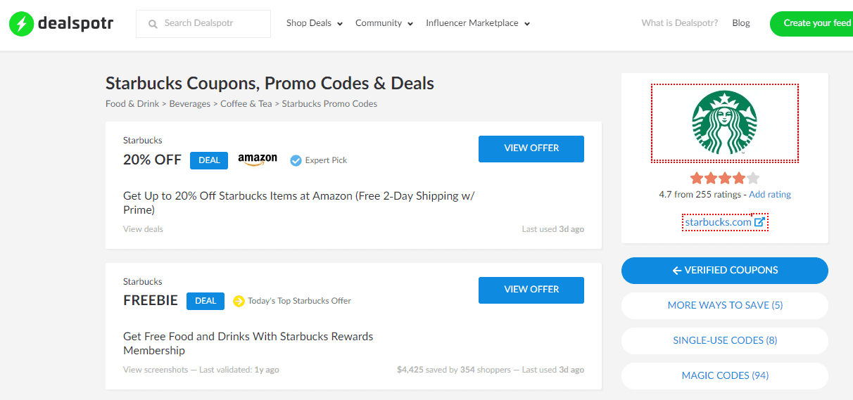 dealspotr screenshot with no starbucks deals