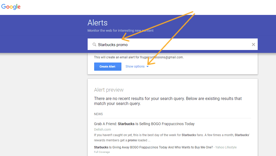 Screenshot of Google Alerts, with arrows pointing to search term box and "show options" button
