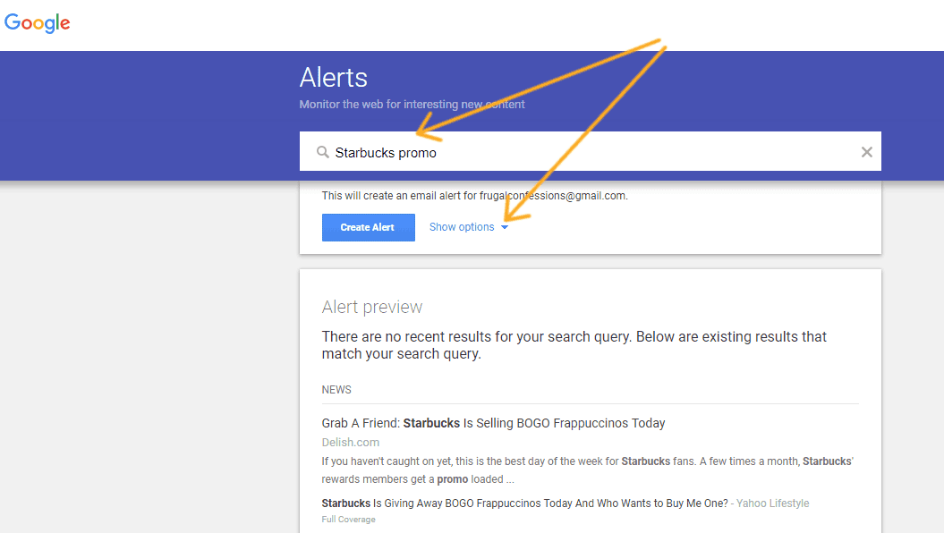 Screenshot of Google Alerts, with arrows pointing to search term box and "show options" button