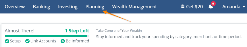 screenshot of personal capital dashboard pointing to "planning"