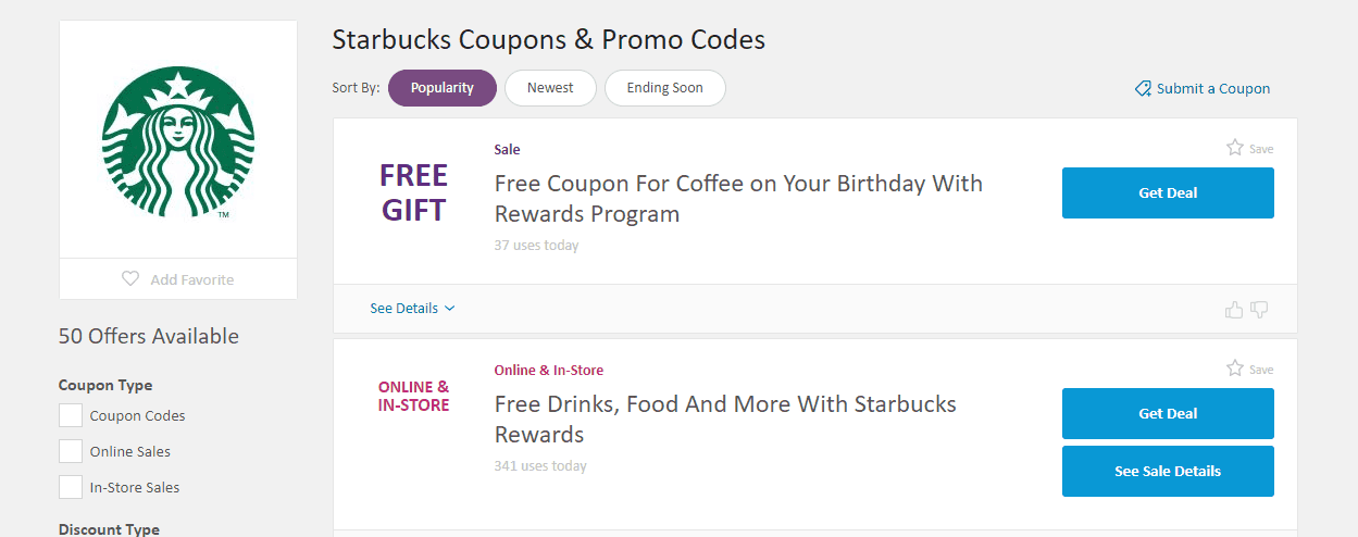 retailmenot screenshot with no starbucks deals