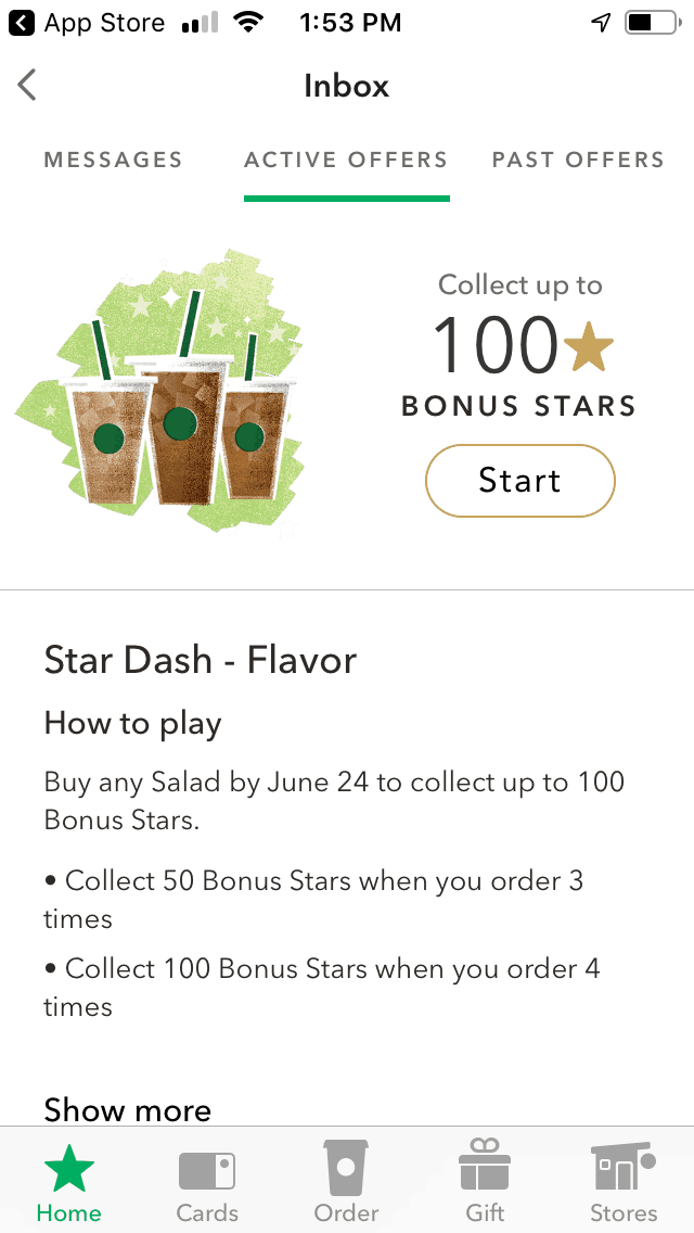 screenshot of mobile app with starbucks coupons