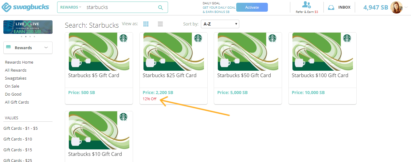 screenshot of swagbucks starbucks discount cards offer with 12% off