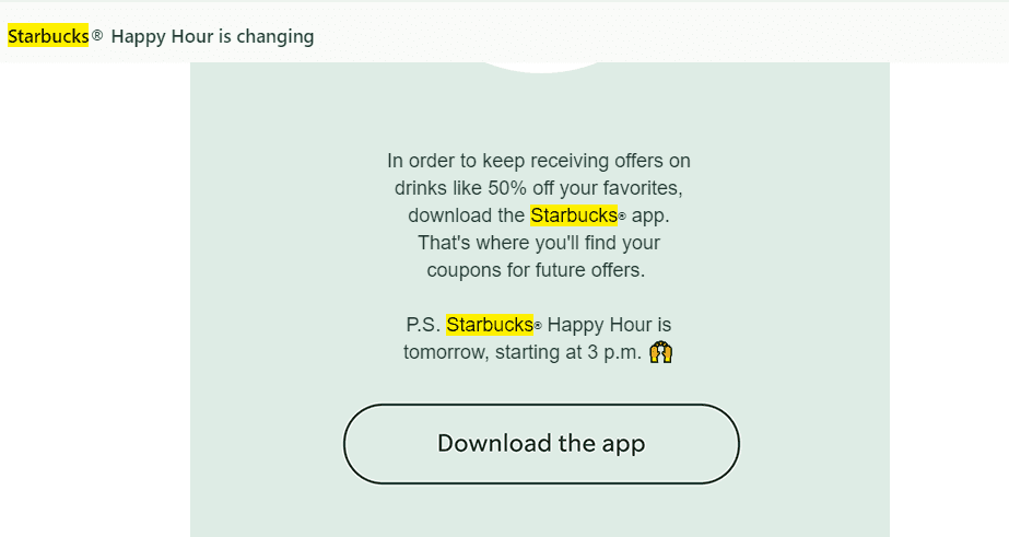 screenshot of email saying future starbucks discounts will come through the mobile app